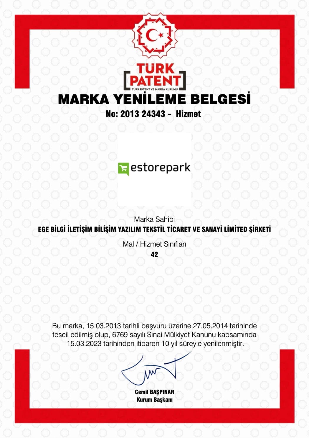 estorepark Türk Patent ve Marka Kurumu Marka Yenileme Belgesi — No: 2013 24343
